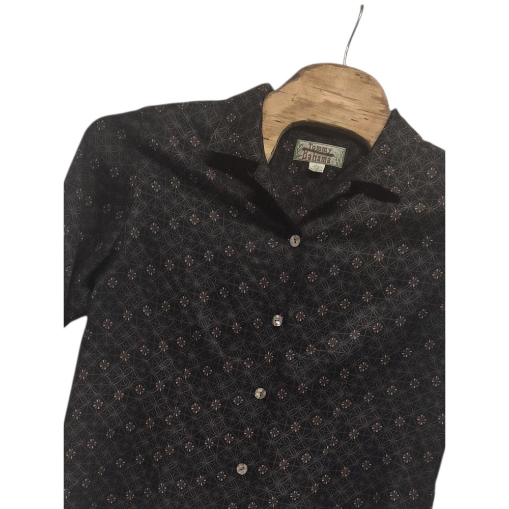 Tommy Bahama Long Sleeve Shirt Geometric Floral Pattern Black Brown Size L Silk